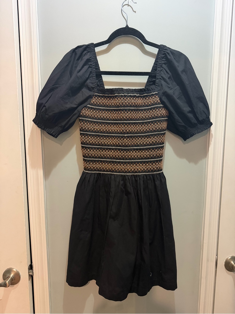 Madewell Poplin Puff Sleeve Dress Black Smocked Top with Elastic Neckline NWOT